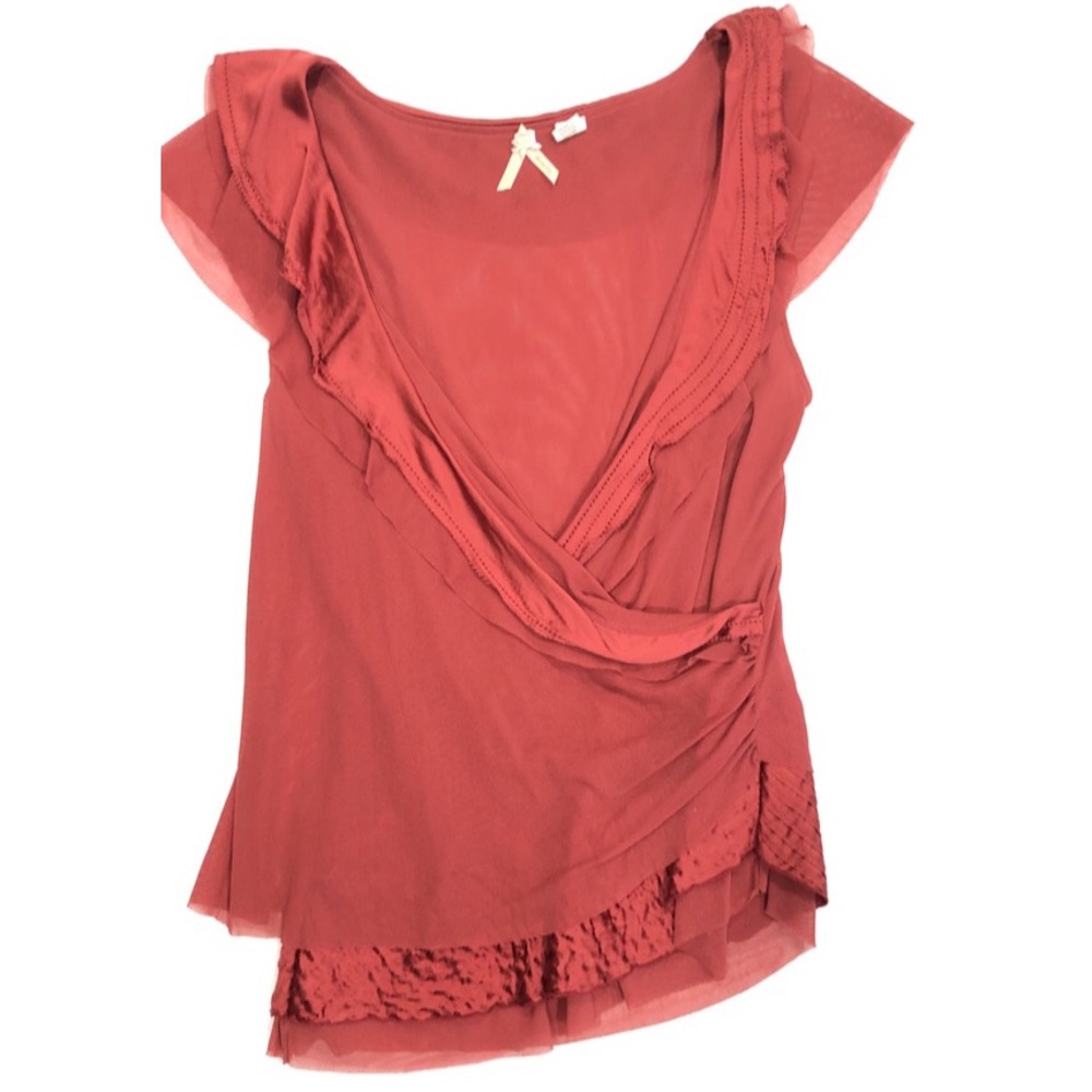 Anthropologie Maeve Silk Trim Mesh Faux Wrap Top